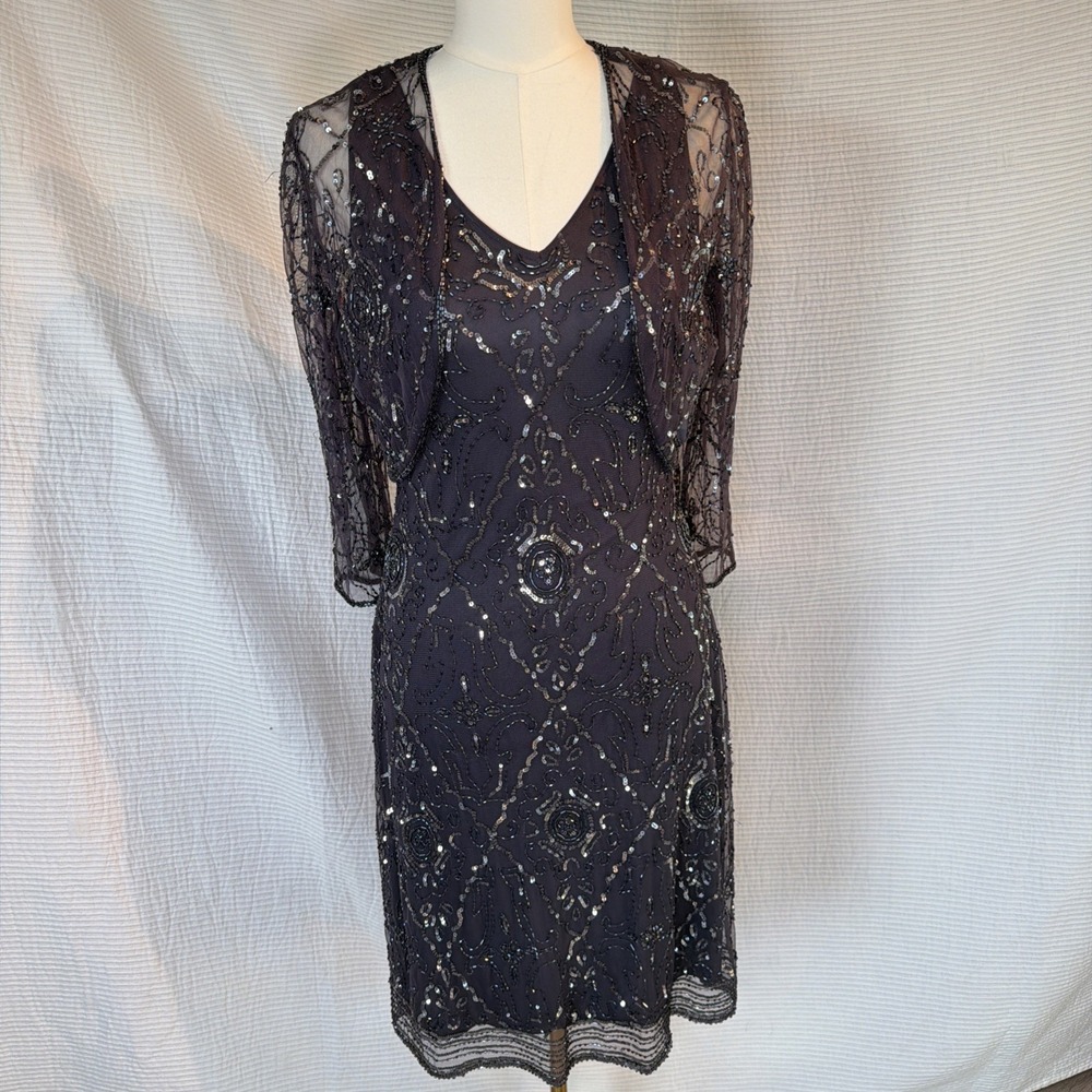 Vntg Patra Beaded Dress & Bolero Jacket Set Purple Size 8 Zip Lined V Neck NWT